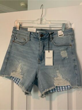 Judy Blue Light Wash Distressed Denim Shorts with Gingham Underlay